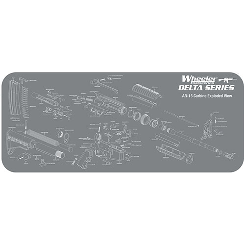 Die Wheeler Delta Series AR-15 Wartungsmatte schützt deine Waffe, absorbiert Öle, hat eine rutschfeste Unterseite und zeigt eine Explosionszeichnung für einfache Identifikation.