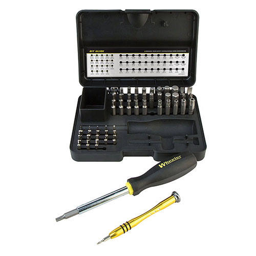 Vervollständige dein Werkzeugarsenal mit dem Wheeler 55-teiligen Hex/Torx Schraubendreher-Set, das alle gängigen Bits, zwei Griffe und eine praktische Aufbewahrungstasche enthält.