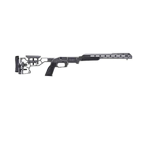 Erlebe ultimative Ergonomie mit dem MDT ESS Chassis Kit: verstellbare Schulterstütze, 15" Forend, ambidextrous Magazinverschluss und V-Block Bettung.
