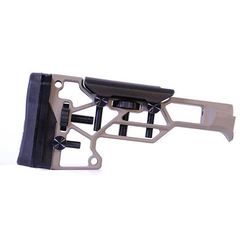 Die MDT Skeleton Rifle Stock V5 Standard bietet werkzeuglose Anpassungen für optimalen Komfort und Leistung mit horizontaler, vertikaler und Neigungsanpassung.