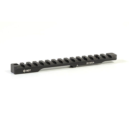 Die MDT Picatinny Scope Bases aus 6061-T6 Aluminium bieten eine langlebige, schwarze Oberfläche, 20 MOA Neigung für zusätzliche Höhenverstellung und sind links- und rechtshändig kompatibel.