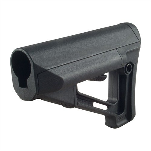 Der AR-15 STR Stock von MAGPUL bietet eine verstellbare Schulterstütze mit interner Batterieaufbewahrung, verbesserter Wangenauflage und minimalem Wackeln.