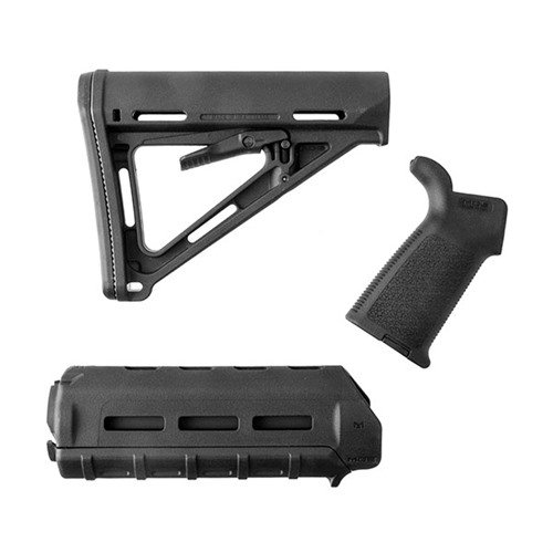 Upgrade dein AR-15 mit dem MAGPUL MOE Furniture Set, das eine MOE Mil-Spec Schulterstütze, MOE Carbine Vorderschaft und MOE Griff in Schwarz bietet.