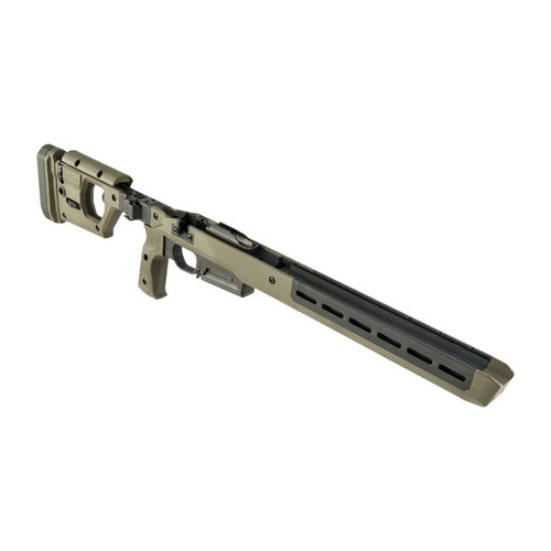 Das Magpul Pro 700 Chassis bietet ein vollständig verstellbares Design, ambidextröse Nutzung, M-LOK Slots und eine komfortable Polymer-Griffstruktur.
