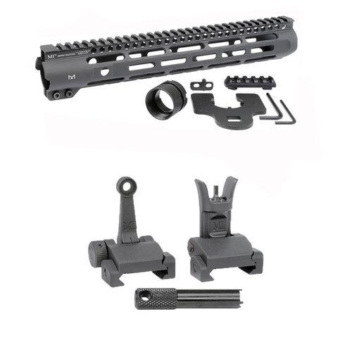 Die AR-15 Slim Line Handguards bieten M-LOK-Anschlusspunkte und eine durchgehende Picatinny-Schiene, kombiniert mit Flip-Up Combat Sights für präzises Zielen.