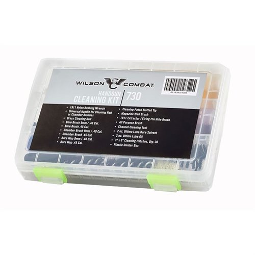 Das Wilson Combat Handgun Cleaning Kit bietet alles, was du für die gründliche und schonende Reinigung deiner Handfeuerwaffe benötigst, inklusive hochwertiger Werkzeuge und Reinigungsmittel.