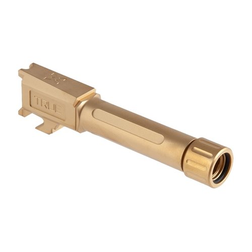 Verbessere deine Springfield Armory Hellcat mit einem 1/2"x28 Threaded Barrel aus Gold-Titan-Nitrid, ideal für Suppressoren und 9mm Munition!