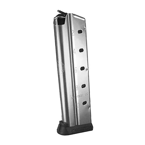 Das 1911 Government Full Size Magazine mit 10 Runden Kapazität für 9mm bietet optimale Zuführung, einen robusten Edelstahl-Finish und einen abnehmbaren Basepad.