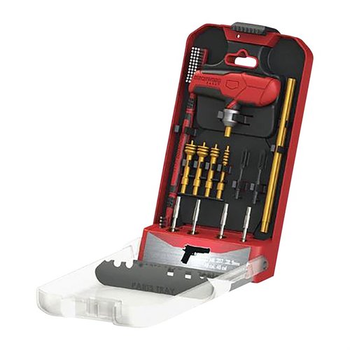 Entdecke das 16-teilige Universal Handgun Cleaning Kit von Birchwood Casey mit einem sicheren Griff, der deine Werkzeuge während der Reinigung hält!