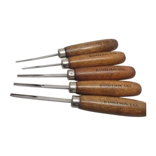 Das 5-teilige GUNSTOCK V & U CARVING SET von U.J. RAMELSON ist ideal für Checkering und Restaurierung, mit verschiedenen Größen für präzise Schnitzarbeiten.