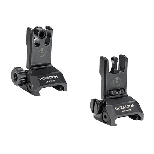 Das Ultradyne C2 Faltvisier-Set bietet präzise Zielerfassung mit einem dualen Apertursystem, werkzeugloser Höhenverstellung und robuster Bauweise aus Edelstahl und Aluminium.