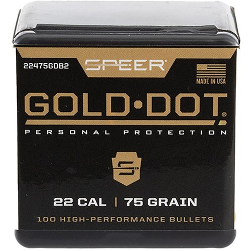 Die Speer Gold Dot Bullets 224-75-Gr bieten herausragende Präzision und Zuverlässigkeit für deine Schusswaffe, ideal für Selbstverteidigung und Sport. 100 Stück pro Box!