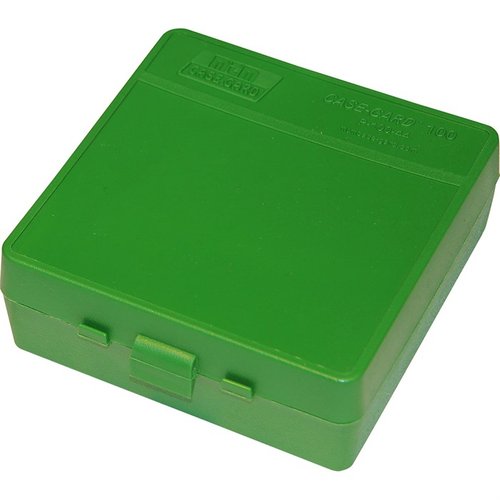 Die MTM Ammo Box für 100 Patronen bietet eine praktische Flip-Top-Abdeckung, ideal für 41, 44 und 45 LC. Perfekt für Ordnung und einfachen Zugriff!