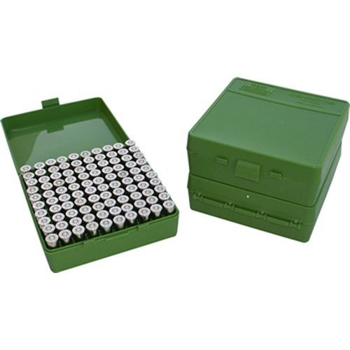 Die MTM Ammo Box für 100 Runden bietet eine praktische Flip-Top-Öffnung, ideal für 40, 10mm und 45 ACP Munition – perfekt für deine nächste Schießsession!