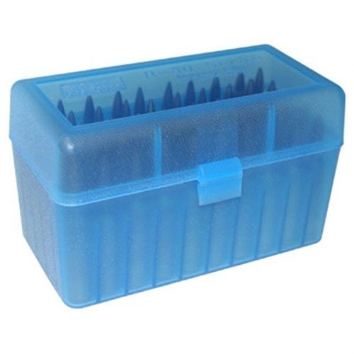 Die MTM Ammo Box für 50 Patronen bietet einen praktischen Flip-Top-Deckel, ideal für 300 WSM, 45-70 und 7mm R SAUM, um deine Munition sicher und organisiert zu halten.