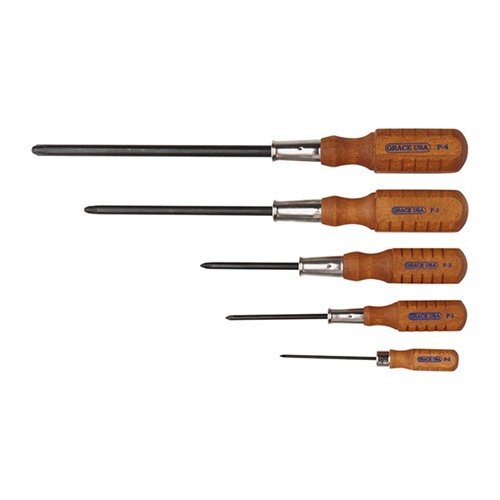 Das Grace USA 5-teilige Phillips Schraubendreher-Set bietet präzise Chrom-Vanadium-Stahlspitzen, ergonomische Holzgriffe und langlebige Nickel-plattierte Ferrulen.