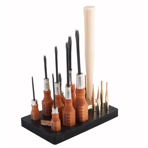 Das Grace USA 17-teilige Werkzeugset bietet präzise Schraubendreher, nicht-markierende Brass-Pin-Punches, einen Brass-Hammer und einen langlebigen Neopren-Bench Block.