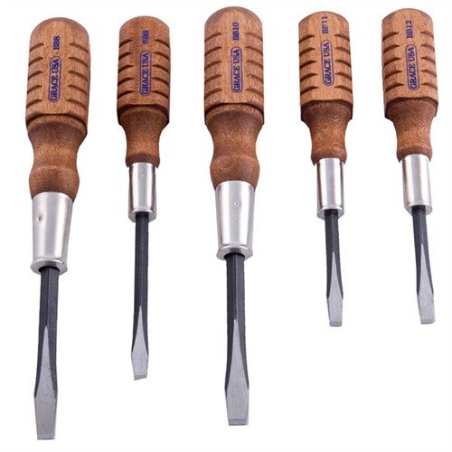 Das BROWNING SCREWDRIVER SET von GRACE USA bietet präzise, vorbearbeitete Schraubendreher für spezielle Anwendungen, mit robusten, gehärteten Spitzen und einem eleganten Holzgriff.