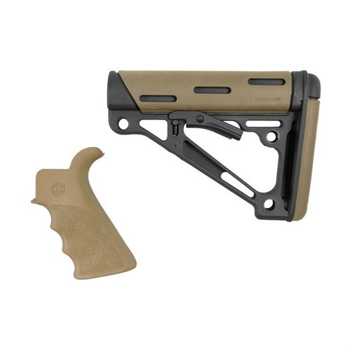 Das Hogue 2-Teile-Kit bietet einen bequemen Finger-Grove Beavertail Grip mit Cobblestone™-Muster und einen stabilen, zusammenklappbaren Buttstock für optimale Leistung.