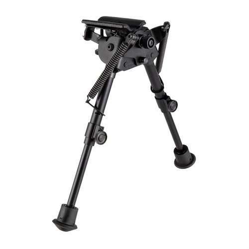 Die Harris Selbstnivellierungs-Bipods 6-9" bieten eine schnelle Höhenverstellung, Stabilität auf unebenem Terrain und eine gummierte Fußkappe für besseren Halt.