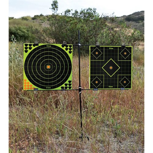 Der STEEL FRAME DOUBLE PAPER TARGET STAND bietet einen stabilen 5/16" pulverbeschichteten Stahlrahmen, eine verstellbare horizontale Stange und 8 Metallclips für verschiedene Zielgrößen.