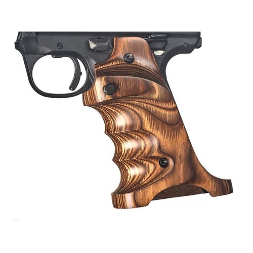 Die LAMINATE GRIPS für Ruger Mark IV 22/45 bieten einen Daumen- und Fersenauflage sowie Fingerkerben für einen entspannten, stabilen Halt. CNC-gefräst aus laminiertem Holz.