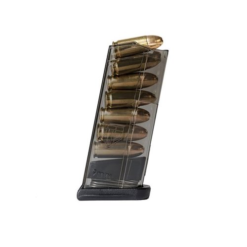 Die ETS Glock 43 Magazine aus transparentem Polymer bieten Leichtigkeit, Sichtbarkeit des Füllstands und sind langlebig, ideal für Training und Wettkampf.