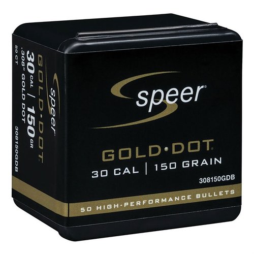 Die Gold Dot 30 Kaliber (0.308") 150gr Soft Point Geschosse bieten extreme Genauigkeit, zuverlässige Leistung und nahezu 100% Gewichtserhalt für effektiven Schutz.