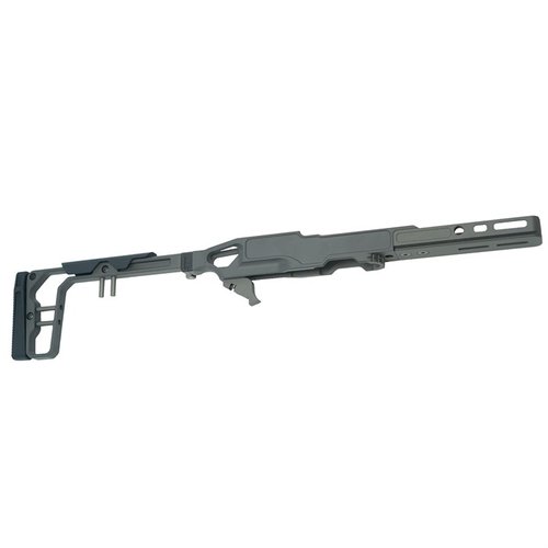 Das LaChassis 10/22 bietet ein leichtes, modulares Design mit verstellbarem Schaft, M-Lok Kompatibilität und einem klappbaren Stock für präzises Schießen.