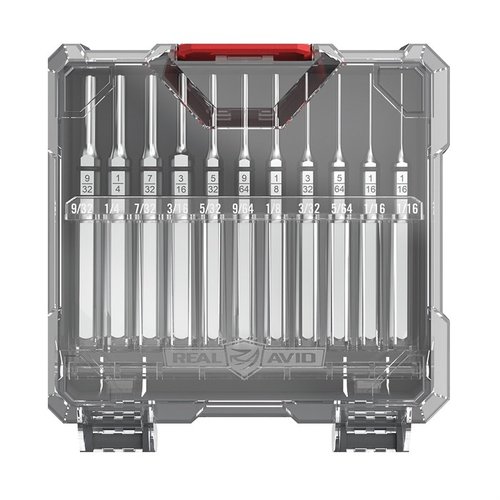 Das ACCU-PUNCH 11-teilige Roll Pin Punch Set von REAL AVID bietet präzise Kontrolle, besteht aus gehärtetem Stahl mit Nickelbeschichtung und ist ideal für die Waffenmodifikation.