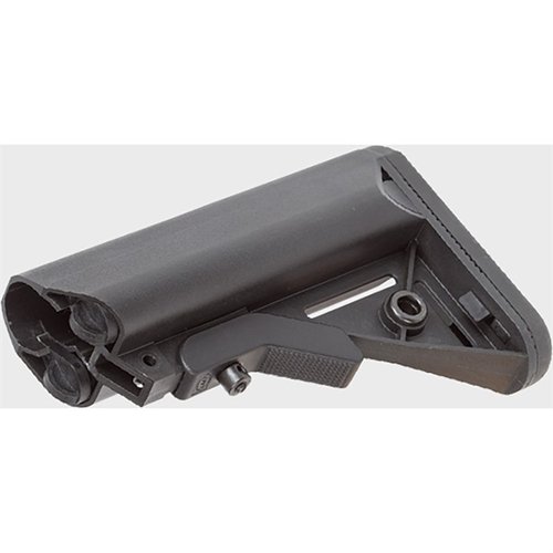 Der LMT SOPMOD Buttstock bietet einen rutschfesten Gummi-Schaft, verbesserten Wangenauflage, zwei wasserdichte Fächer und QD Swivel-Einsätze für besten Komfort.
