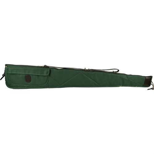 Die Bob Allen Canvas Shotgun Case bietet robusten, wasserabweisenden Canvas, eine gepolsterte Innenauskleidung, einen Ledertragegurt und einen praktischen Zubehörbeutel.