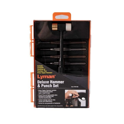 Das DELUXE HAMMER & PUNCH SET von LYMAN bietet eine kompakte Auswahl an 4130 Stahl-Punches und einen praktischen Hammer in einem Aufbewahrungsblock.
