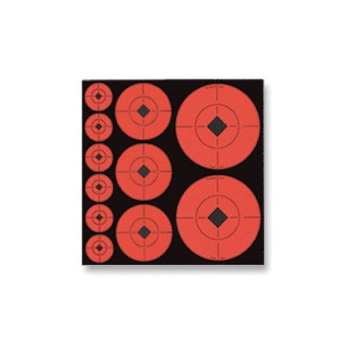 Die selbstklebenden, fluoreszierenden Zielpunkte in Orange mit schwarzem Diamantzentrum und Fadenkreuzlinien bieten hohe Sichtbarkeit und sind ideal zum Einschießen von Gewehren.