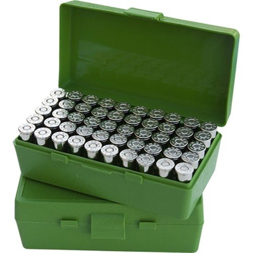 Die FLIP TOP PISTOL AMMO BOX von MTM CASE-GARD bietet Platz für 50 Patronen, ist stapelbar, hat eine griffige Oberfläche und eine 25-jährige Garantie auf die Schnappverschluss.