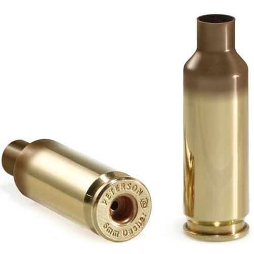 Die 6mm Dasher Brass von Peterson Cartridge bietet präzise und konsistente Hülsen, die vor dem Versand gereinigt und geglüht werden, verpackt in einer robusten Kunststoffbox.