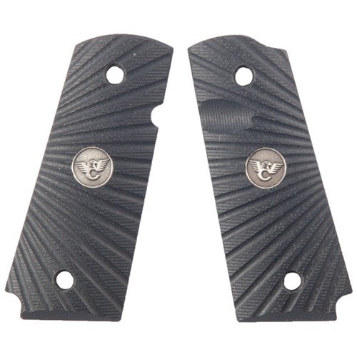 Die 1911 G10 Griffe von Wilson Combat bieten robustes G10, ein einzigartiges Starburst-Design, sind schwarz, haben eine Medaille und sind für beidhändige Sicherheit geschnitten.