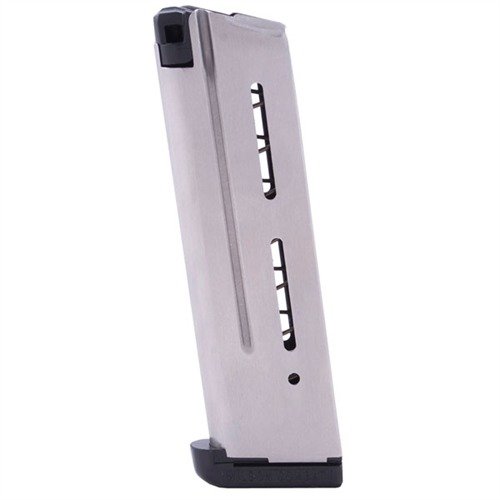 Das 1911 9RD 10MM Magazin von Wilson Combat bietet zuverlässige Fütterung, eine robuste Konstruktion aus 17-7 Edelstahl und eine einfache Reinigung dank abnehmbarem Boden.