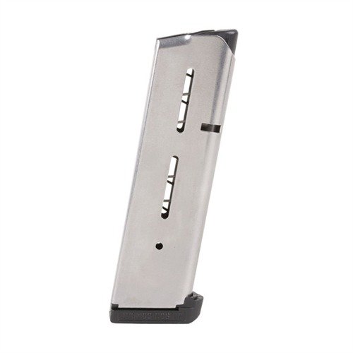 Das legendäre 47D Magazin von Wilson Combat bietet 8 Schuss .45 ACP für Full-Size 1911 Handfeuerwaffen, erhältlich in Edelstahl oder mit Fluorpolymer-Beschichtung.