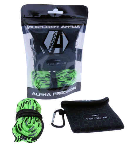 Die ALPHA PRECISION Premium Boresnake Reinigungsschnur mit Etui bietet effiziente Reinigung durch zwei Bürsten und ein schmutzabsorbierendes Gewebe – ideal für schnelle Einsätze!
